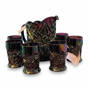 Fenton Imperial Lace Amethyst Carnival Glass Pitcher Set + 6 Tumblers NEW/TAGS!